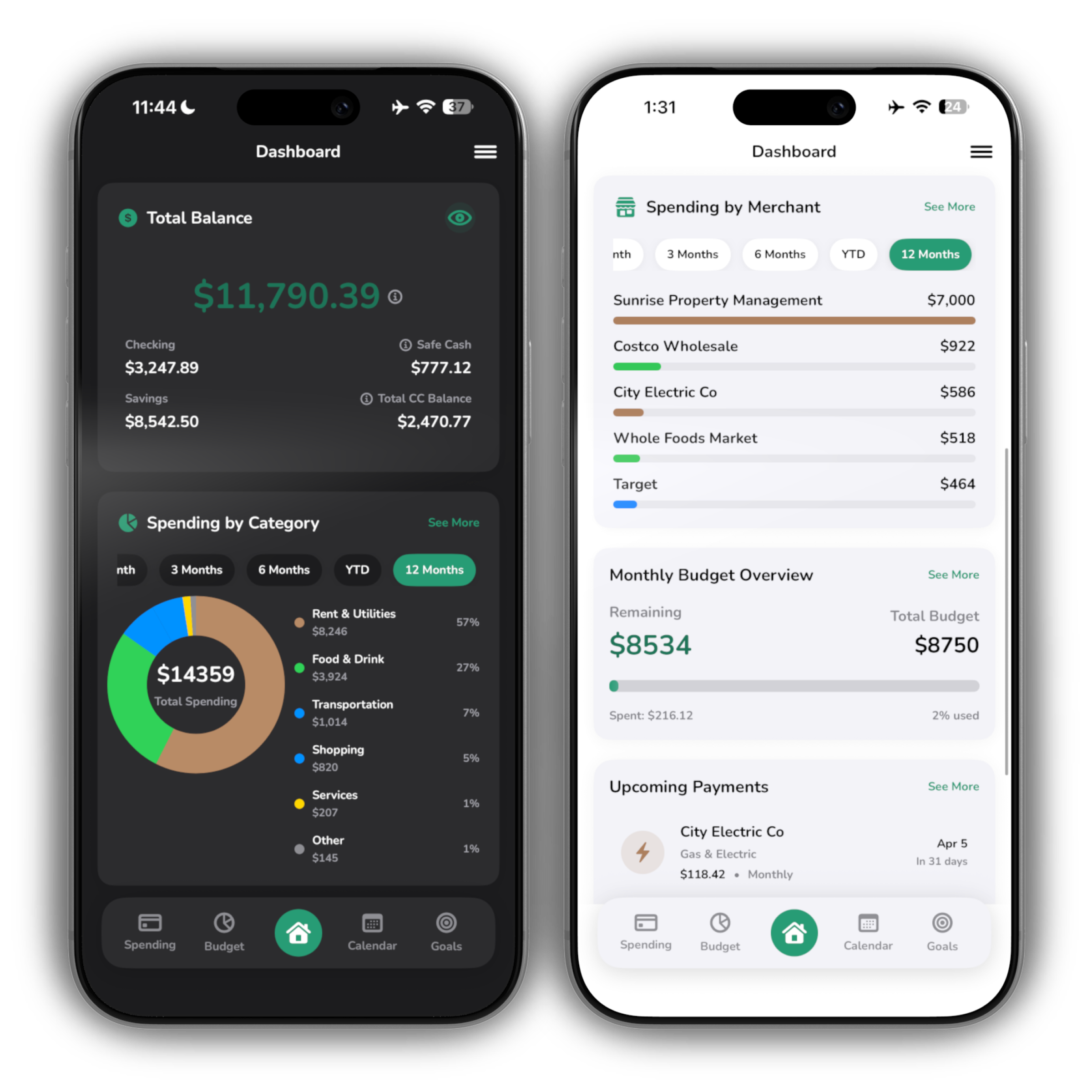 Pancake app dashboard showing budget tracking and spending categories